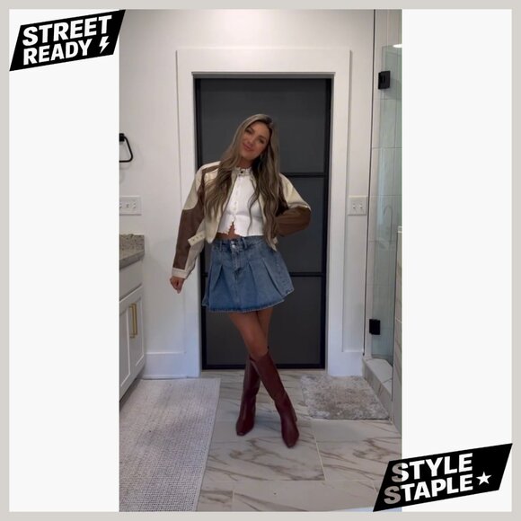 Faux Leather Cropped Bomber Jacket Zipper Moto Biker Coat Fall Casual - Picture 6 of 7